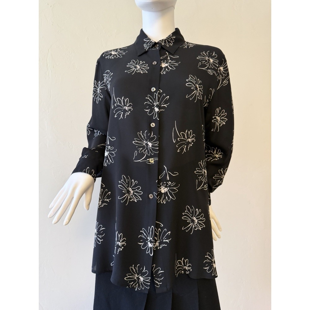 Valerie Stevens Women's Pure Silk Floral Blouse Black Button Long Sleeve Size 4